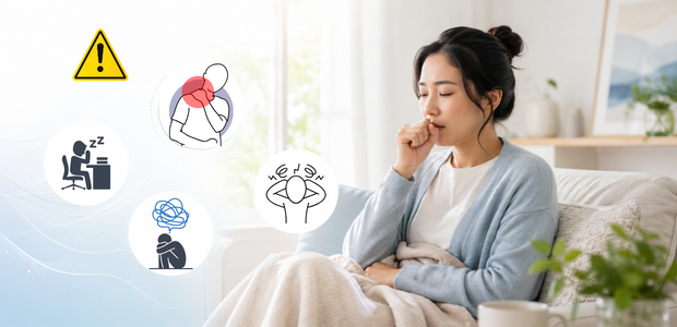 咳が止まらない女性と、睡眠不足やストレス、うつ病のような不調に注意が必要な様子
