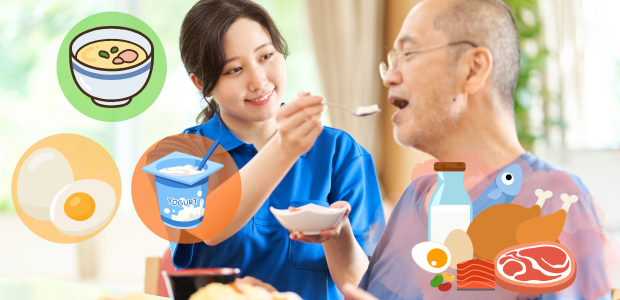 高齢者に食事介助する女性と、咳が止まらない時に摂るべき栄養素のイメージ