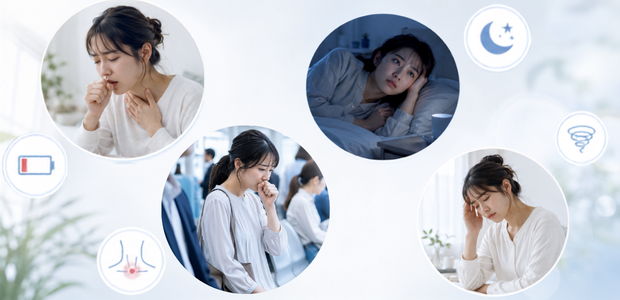 咳が止まらず日中も夜もストレスを感じ、悪循環になっているイメージ
