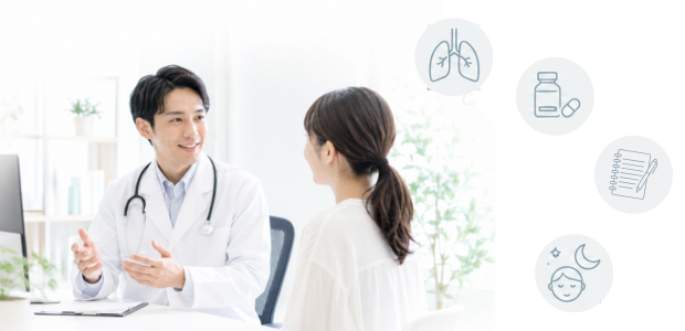 咳が止まらない症状について医師に相談し、睡眠や薬、うつ病の心身の不調を確認する場面