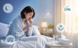 咳が止まらない女性が睡眠不足やうつ病への不安を抱える様子