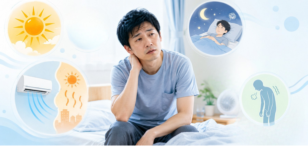 疲れが取れにくい原因を考えている男性