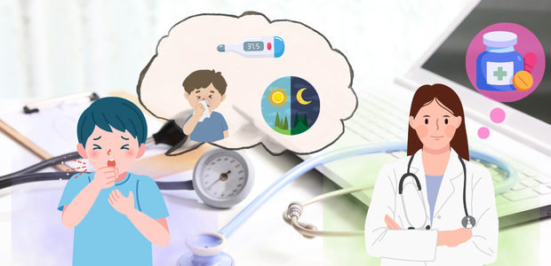 咳をする子どもと、発熱や昼夜の症状変化、子どもの咳の薬について医師へ相談するイメージ