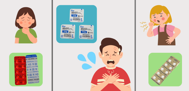 咳や喉の不調を訴える子どもと、子どもの咳の薬として使用される内服薬や貼り薬をまとめた解説図