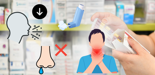 咳や鼻水、のどの痛みと吸入薬や市販薬のイメージ