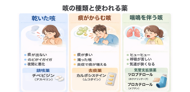 咳の種類と使われる薬の図解