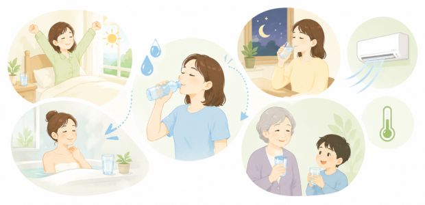 タイミングや量などを意識して水分補給する様子