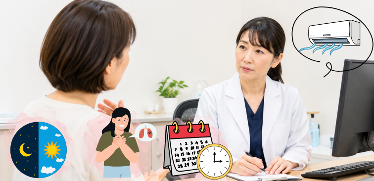 喘息が悪化する要因のイメージと、市販薬についてせつめいしている医療関係者