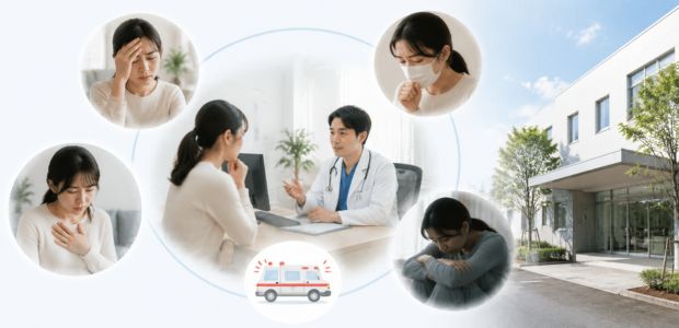症状が続くときに医療機関で医師に相談している女性
