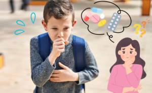 咳をしている子どもと、子どもに咳の薬を使うべきか迷う保護者が服薬について考えている場面