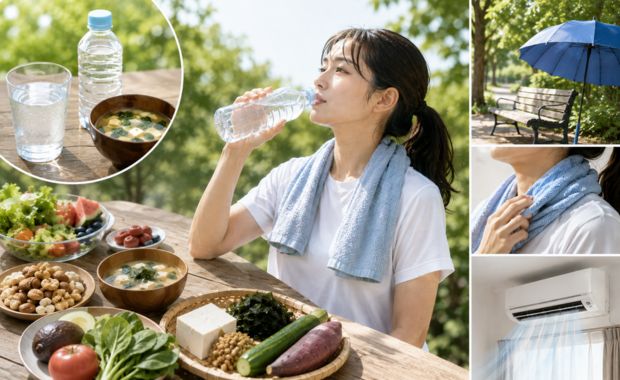 熱中症を予防するために水分補給をしている女性