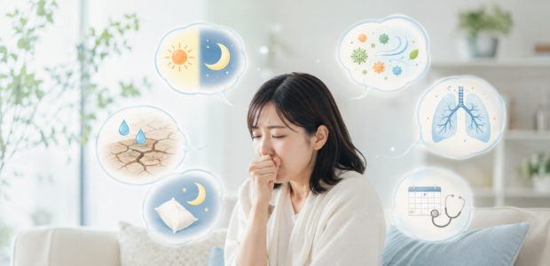 咳き込む女性と季節の変わり目で咳が出る原因のイメージ