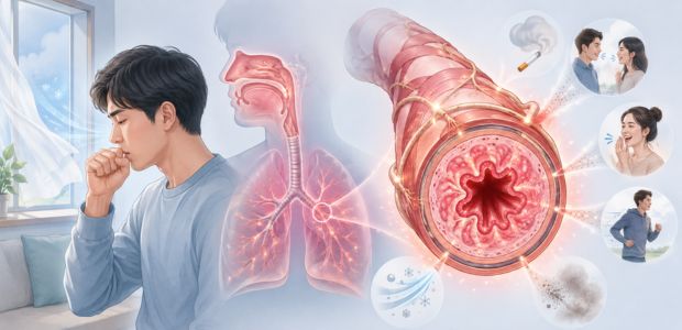 咳喘息の男性と、アレルギー要因が気道に刺激を与えている様子