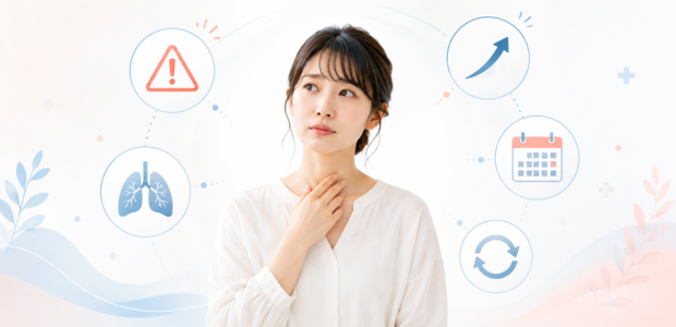 痰が気になり喉を抑える女性