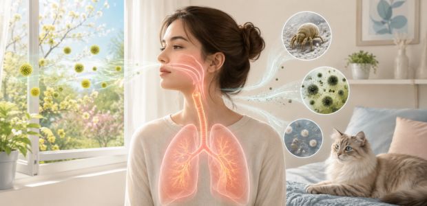咳喘息の原因となるアレルゲンを吸い込んでいる女性