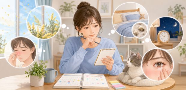 咳の原因がアレルギーなのかどうか考え、症状や環境を整理している女性