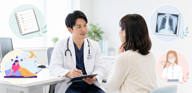 呼吸器内科を受診中の女性と検査のイメージ