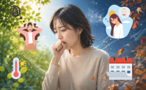 咳が止まらない女性と季節の変わり目のイメージ