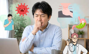 咳が止まらない男性と、咳の原因のイメージを医師が解説している様子