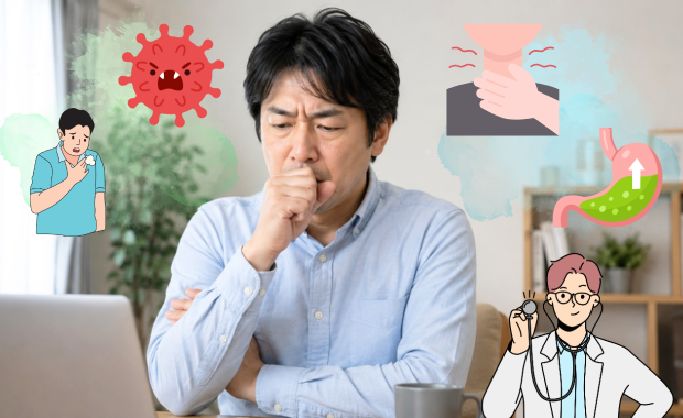 咳が止まらない男性と、咳の原因のイメージを医師が解説している様子