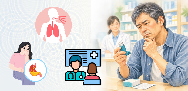 喘息の吸入薬を手に持ち、咳の原因を考える男性