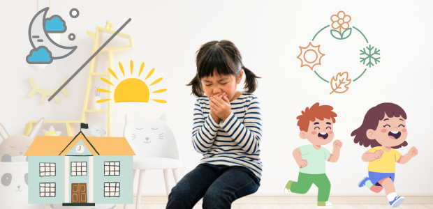 咳をする子供と喘息再発の要因が並んだイメージ