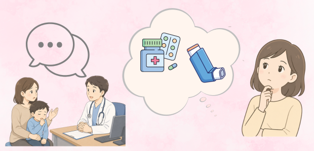 喘息の薬を続けるか悩む保護者と受診時に説明している医師の様子
