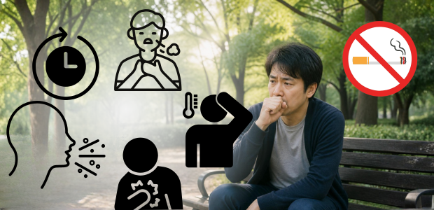 咳をしている男性と禁煙で咳が落ち着いていくまでの経過イメージ