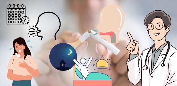 禁煙後に続く咳について、症状が出る時間や禁煙時期などの確認項目を示したイラスト
