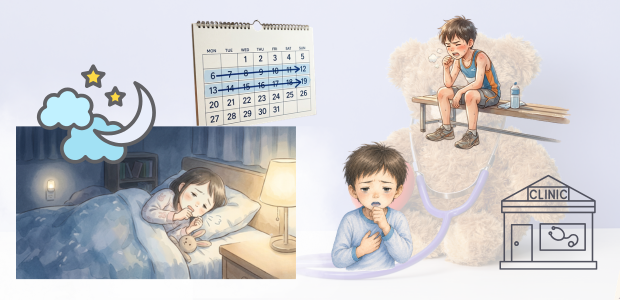 夜の咳や運動中の咳、唇の色の変化など受診の目安となる症状についてのイメージ