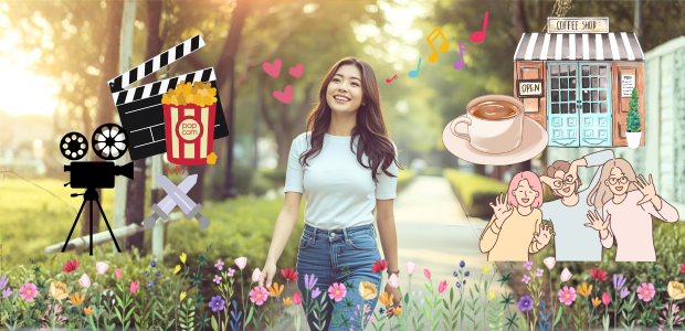 休日　リフレッシュ　散歩　カフェ　映画　花