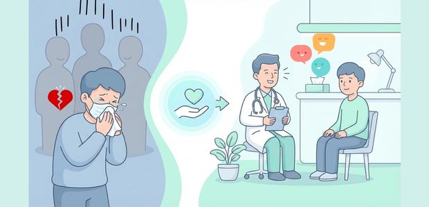 花粉症で受診するのは大げさと迷う患者様と受診するメリットを表したイラスト