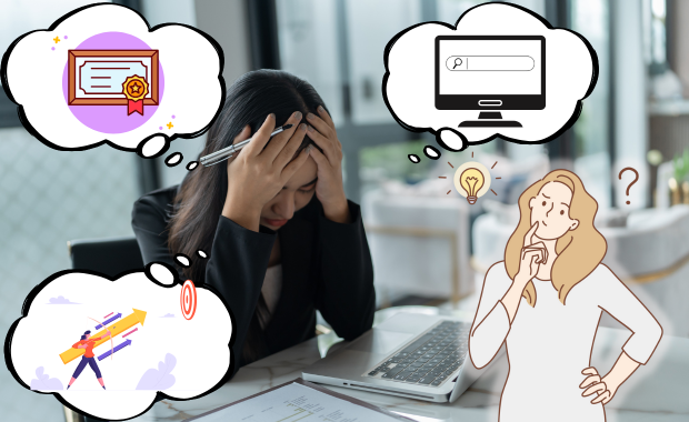 就職できないとパソコンの前で頭を抱えて悩む臨床検査技師のイメージ