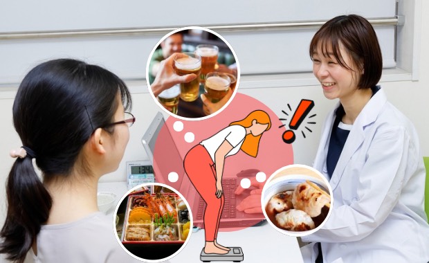 正月太りや年末年始の生活の乱れからくる不調に対して栄養カウンセリングを行っている管理栄養士の様子