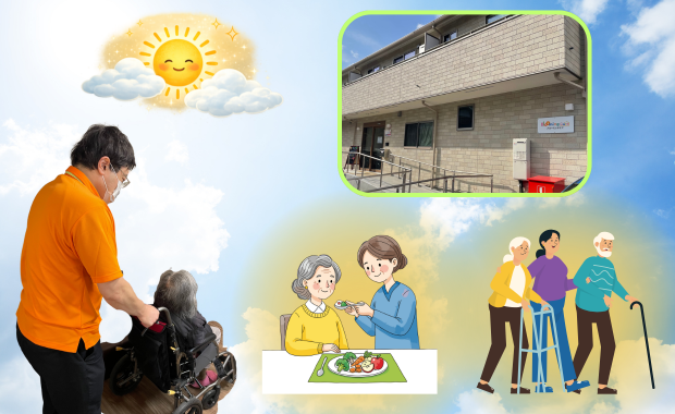 デイサービスの日勤介護職員が高齢者の食事や移動をサポートしている様子