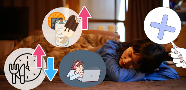 正月太りの背景には、食事時間のズレや、間食・飲酒の増加、睡眠不足・活動量の定価などの原因があることを示している