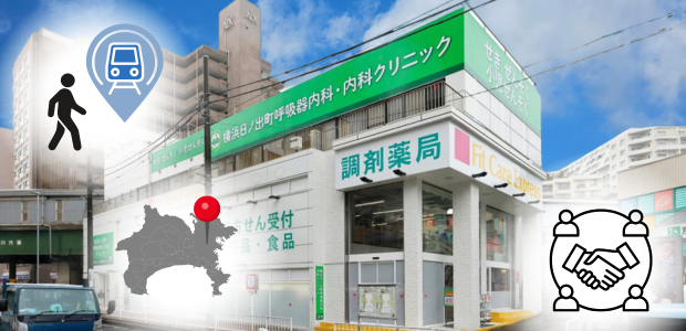 東京日ノ出町呼吸器内科・内科クリニックの地域に根ざしたクリニックの外観と立地を示す場面