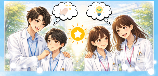 新卒管理栄養士が1年間を振り返り、1年前の自分に言葉をかけているイメージ