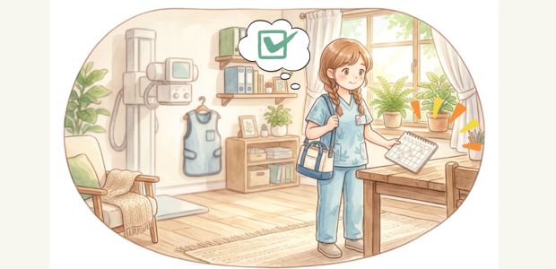 放射線技師がWワークで週一勤務のシフトを確認し出勤するイメージ