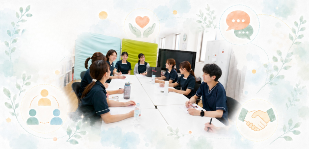 スタッフ同士が意見を交わしチーム連携を深める様子