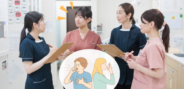 咳や息切れの症状対応を共有する呼吸器内科看護師の役割を示す場面