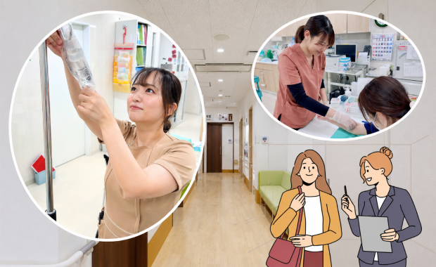 外来で点滴や採血に対応する呼吸器内科看護師の仕事内容を伝える院内場面