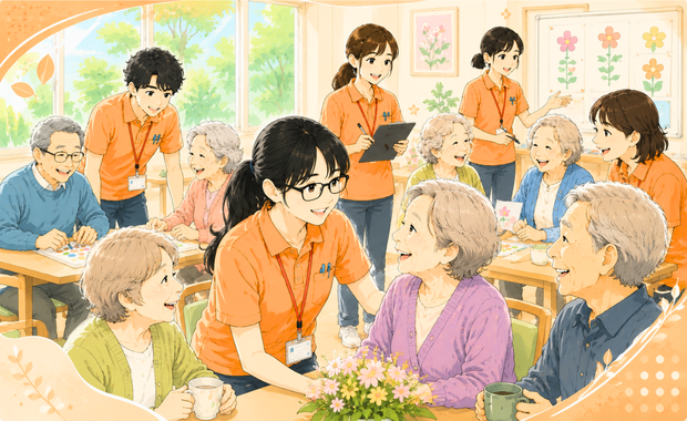 デイサービスで利用者様と笑顔で関わるスタッフ