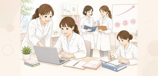 先輩とパソコンの操作を確認したり、ノートに記録したりしながら仕事を覚える新卒管理栄養士