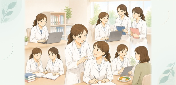 先輩にそばで教えてもらいながらメモを取る新卒管理栄養士と、相談し合うスタッフ