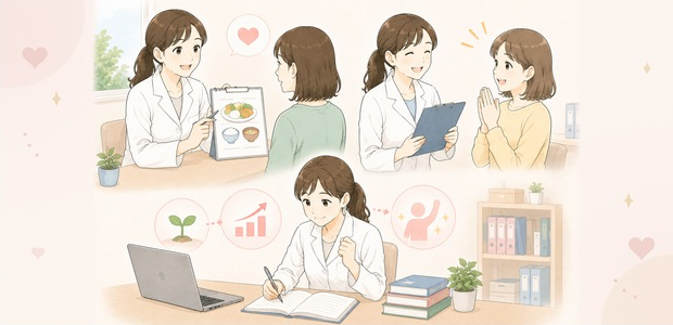 栄養カウンセリングで患者様から感謝される場面と、日々の学習を重ねて成長する管理栄養士