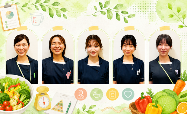 新卒管理栄養士5名の笑顔のスタッフ写真